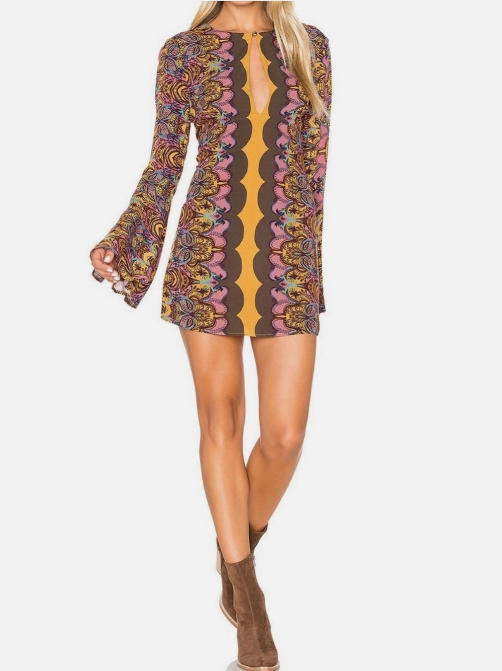 Free People Ossie Vibes Bell Sleeve Tunic Mini Dress Gold Multi 70s Boho Groovy